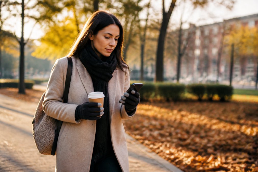 Busy professional walking through a park while using a phone and coffee, perfect for gift ideas for busy people.