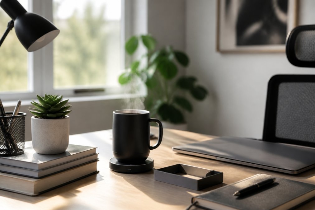 Professional at modern desk with steaming smart mug, laptop, and organized workspace with natural morning light streaming through window
