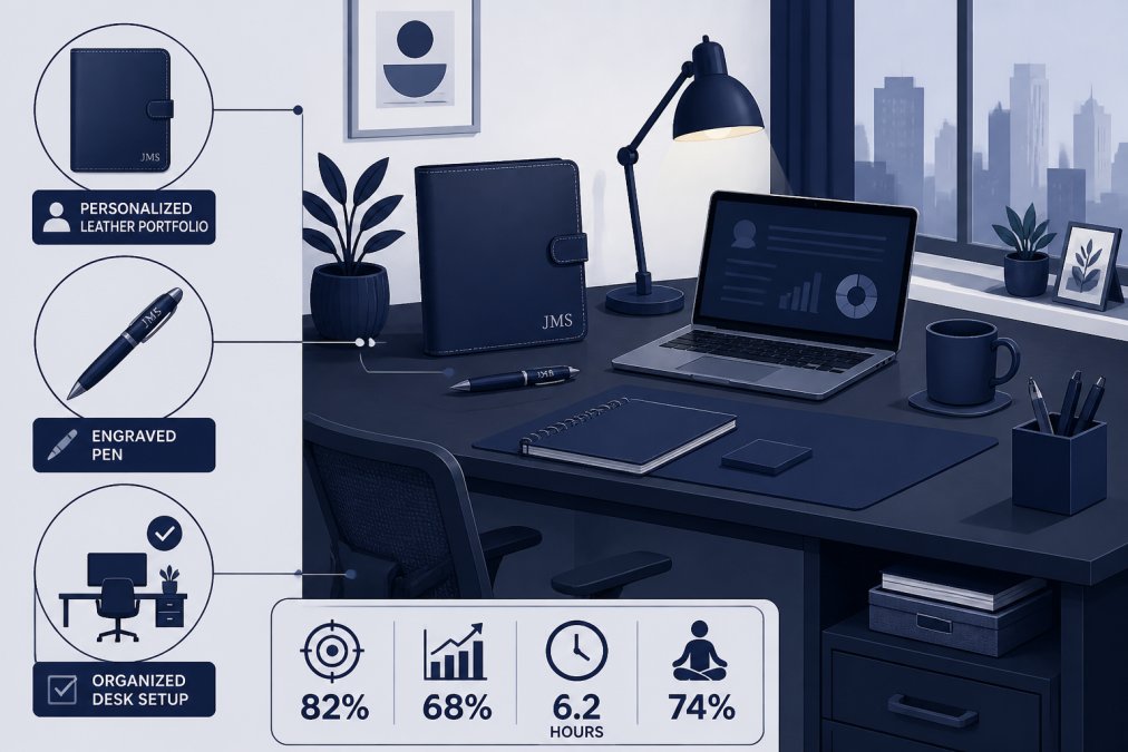 Home office with personalized leather portfolio, engraved pen, organized desk setup showing professional yet comfortable remote work environment with warm lighting