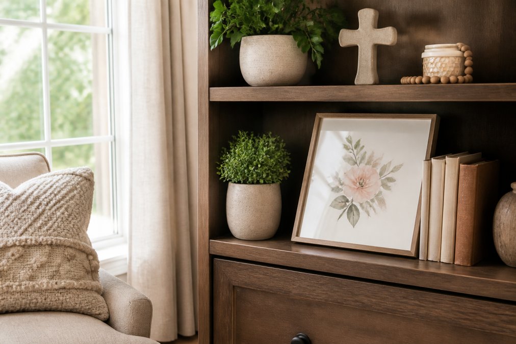 A cozy living room corner with a wooden shelf displaying a ceramic cross, a small potted plant, and a framed Bible verse print, soft natural light coming through a window