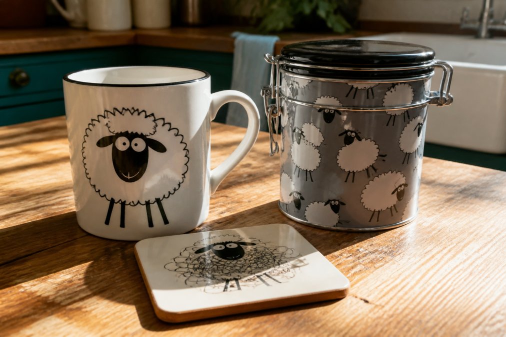Close-up flat lay of a bold ceramic mug with hand-drawn illustrated sheep artwork, a quirky coaster, and a sealed coffee tin arranged on a worn wooden kitchen surface bathed in warm morning light