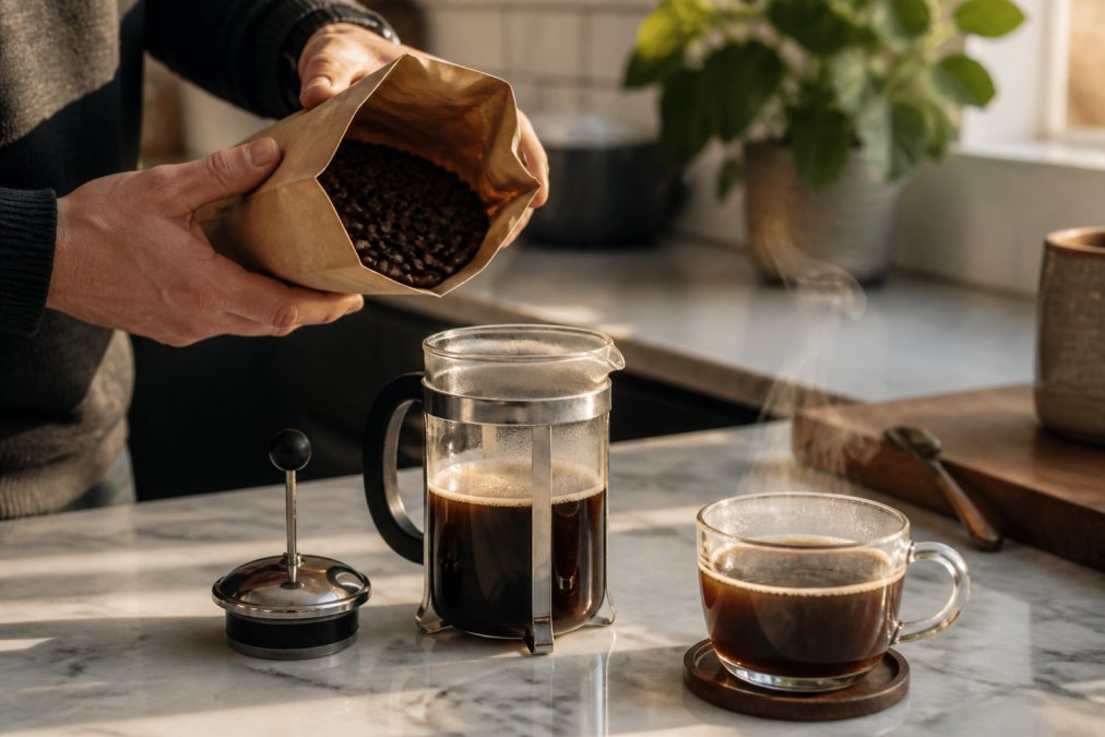 A pair of hands holding a 250g bag of whole coffee beans above a glass cafetière on a marble kitchen counter, a freshly brewed cup of coffee steaming beside it in warm natural light