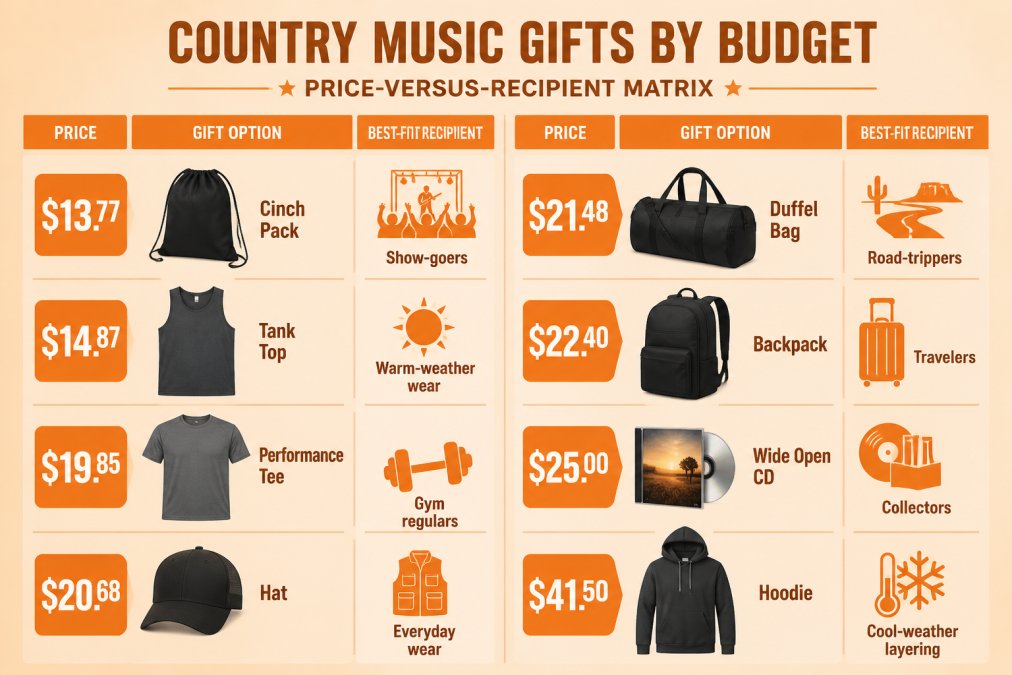 Comparison chart visualizing country music gift options categorized by price and intended recipient use.