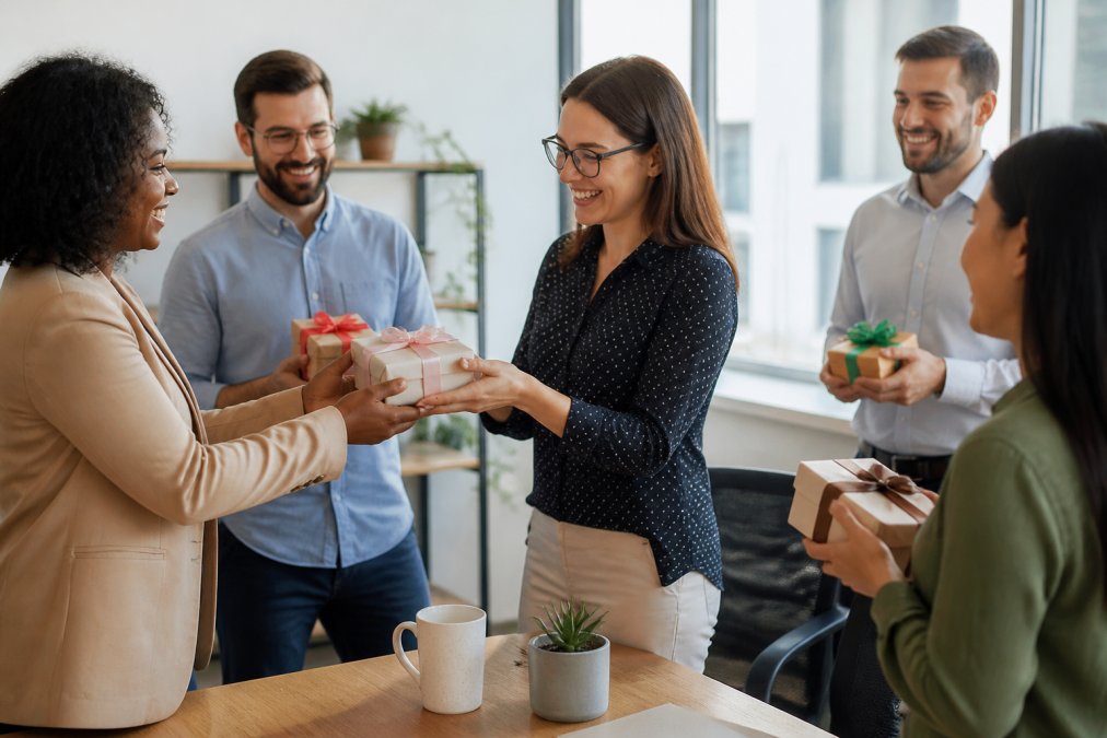A bright office scene where a diverse team exchanges small wrapped gifts near a desk decorated with a humorous ceramic mug and a small potted succulent, warm natural light through a window