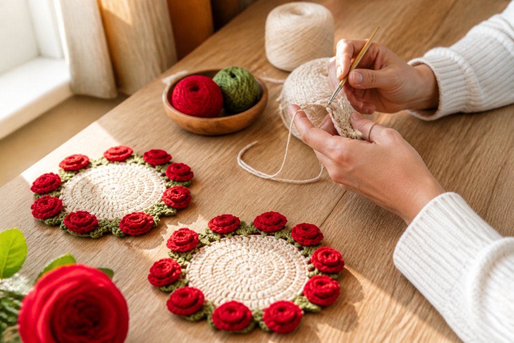 Close-up of hands working on a crochet project with colorful yarn and finished rose coasters displayed on a wooden surface with natural window lighting