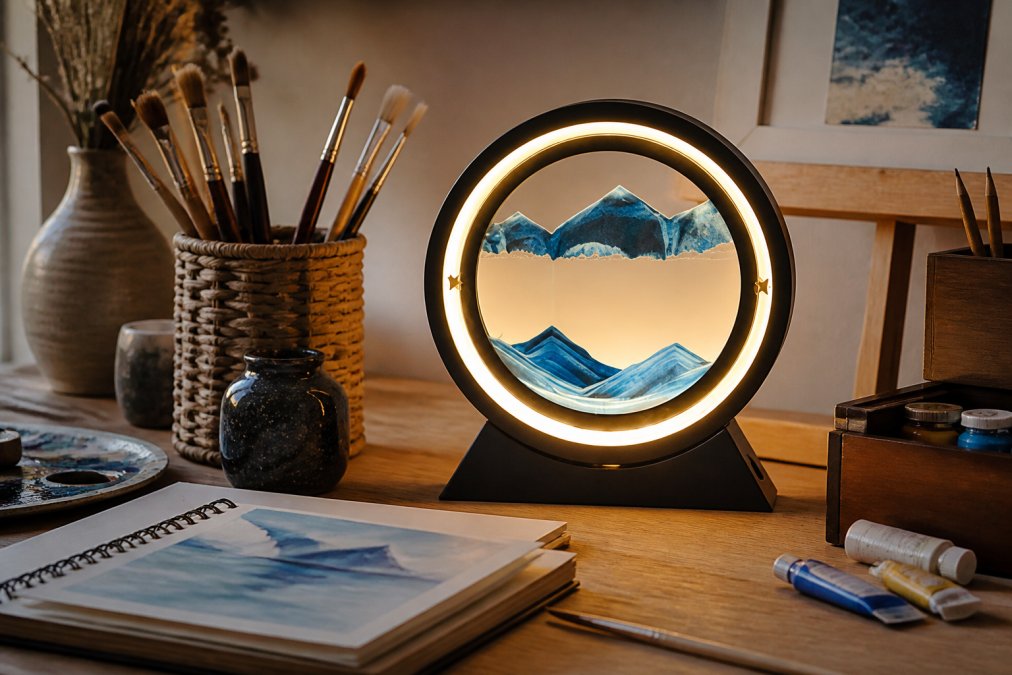 A creative workspace featuring the Moving Sand Art Landscape Table Lamp glowing softly beside art supplies, sketchbooks, and design tools on a wooden desk with warm ambient lighting
