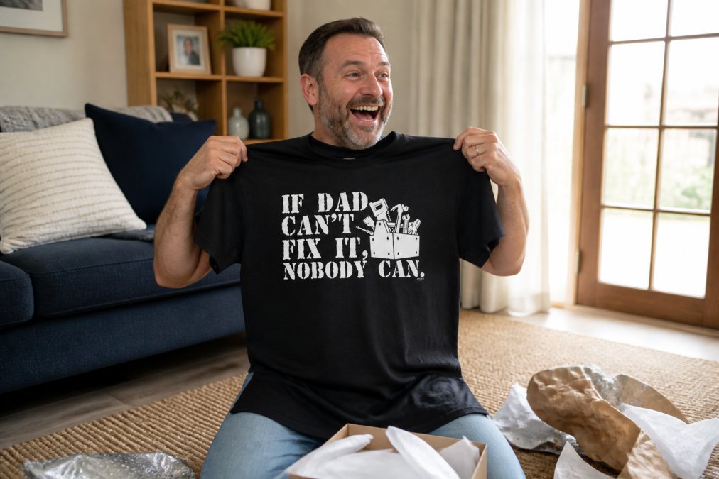 A man laughing while holding up a funny novelty black t-shirt with a humorous dad slogan, standing in a bright living room with gift wrapping paper scattered on the floor nearby