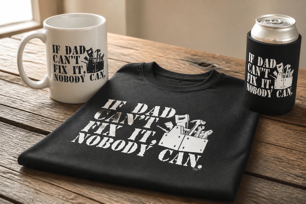 Close-up of a personalised gift arrangement on a rustic wooden table: a custom printed ceramic mug, a folded novelty black t-shirt, and a stubby holder styled together as a curated gift set, soft natural window light