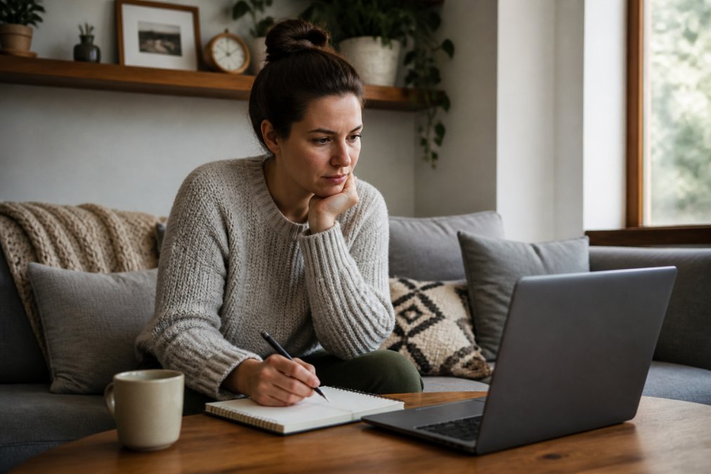 A person sitting on a couch looking thoughtfully at a laptop screen filled with online gift options, with a notepad and coffee nearby