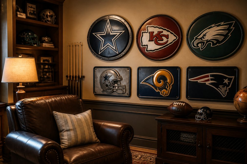 A cozy man cave wall decorated with several embossed aluminum team signs, a leather armchair, and warm lamp light, shot from a slight angle to show the display layout