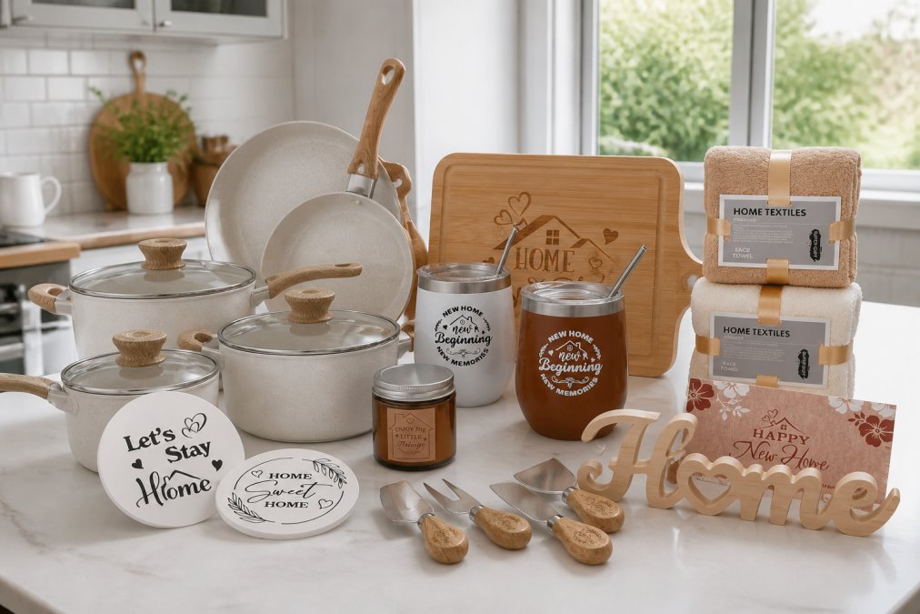 A modern kitchen counter displaying a complete cookware set with marble non-stick pans and pots, alongside a bamboo cheese board with serving knives, glassware set, and folded kitchen towels, arranged in a styled, functional grouping with natural window lighting