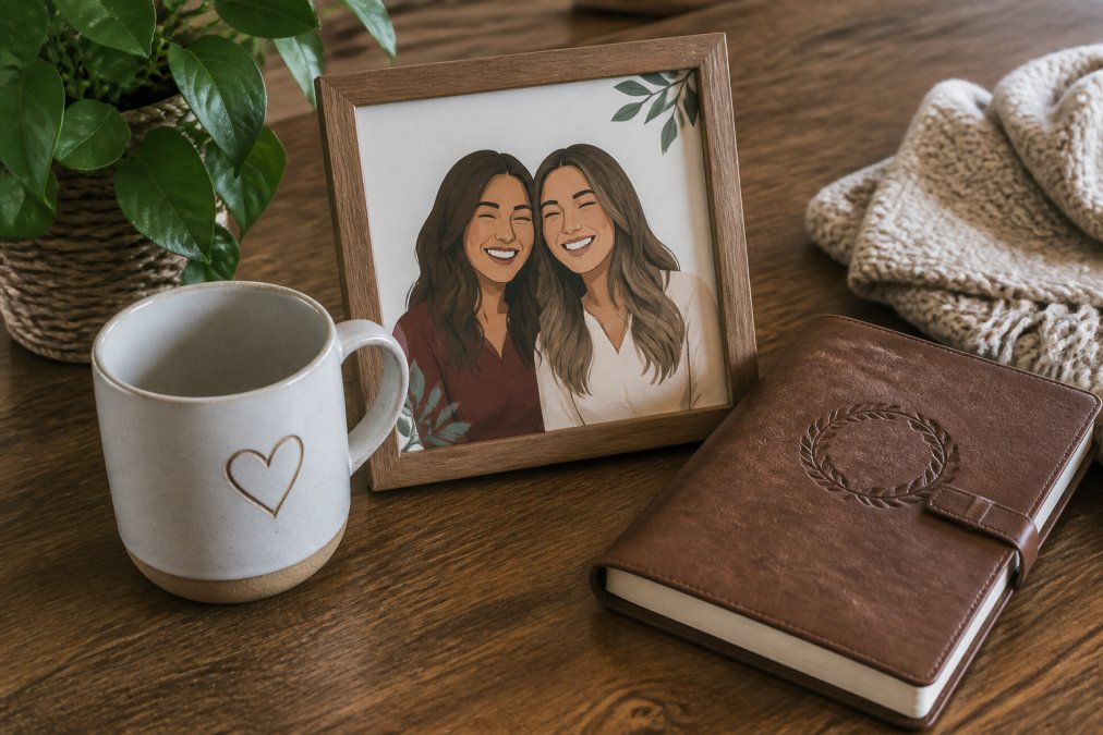 Flat lay of personalized gift items including an engraved mug, a custom illustrated portrait in a frame, and a monogrammed notebook arranged on a warm wooden table with soft natural lighting