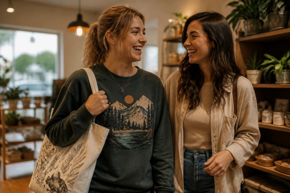 Two friends laughing together, one wearing a cozy graphic sweatshirt and holding a stylish tote bag, in a warmly lit casual indoor setting suggesting everyday lifestyle use