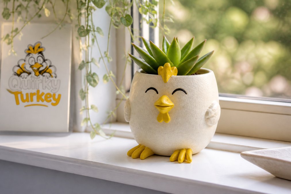 A close-up shot of a quirky, characterful plant pot on a bright windowsill, with a small succulent inside and soft natural light coming through the window