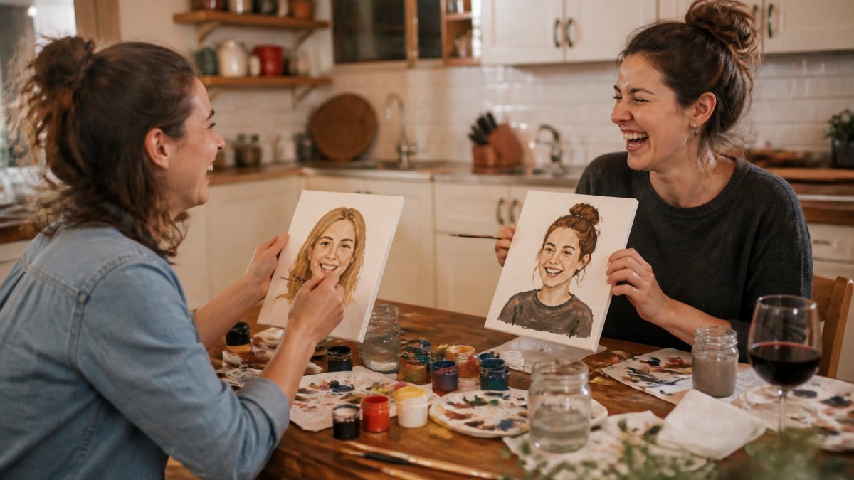 Two friends laughing while painting each other's portraits on small canvases at a kitchen table, paint pots and brushes scattered around, warm evening light