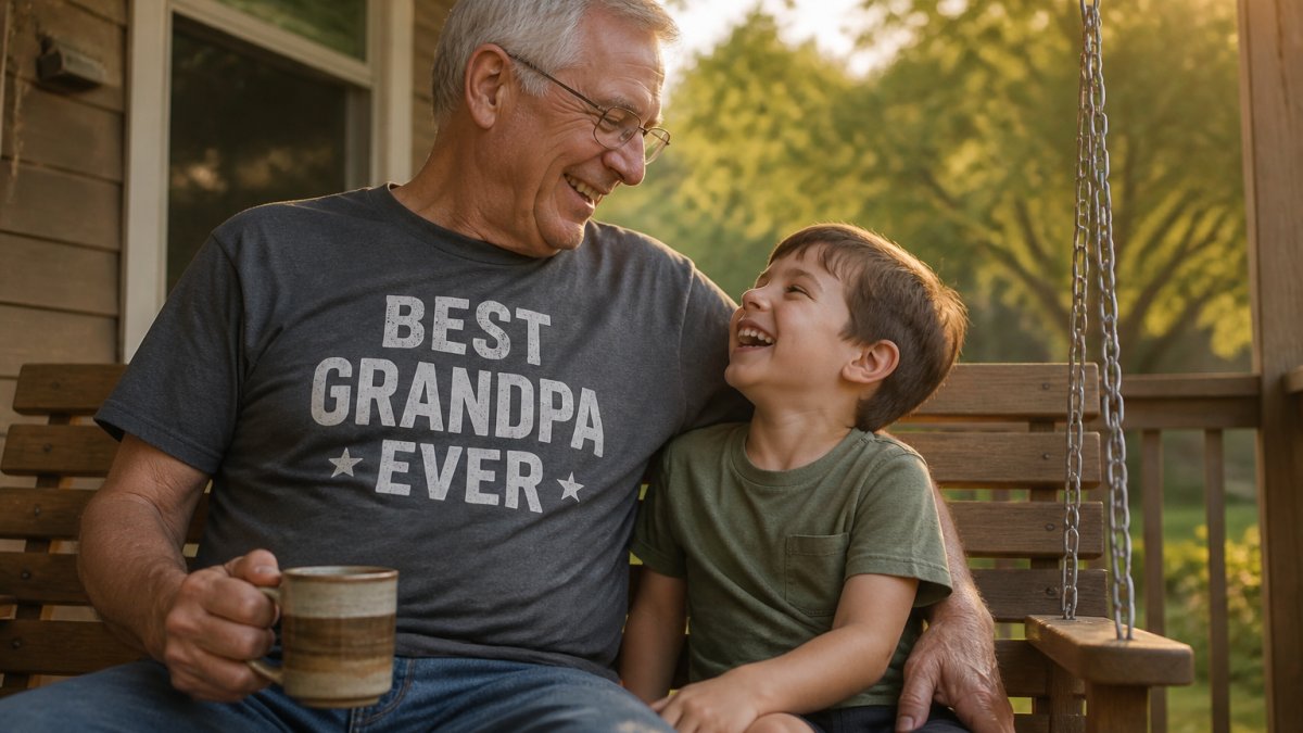 A smiling older man wearing a "Best Grandpa Ever" t-shirt sitting on a wooden porch swing, holding a ceramic mug, with a young grandchild beside him laughing in warm late-afternoon light