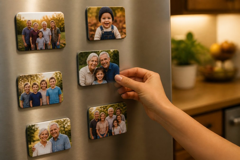 Infographic showing gift ideas for grandparents featuring custom photo magnets on a kitchen refrigerator door