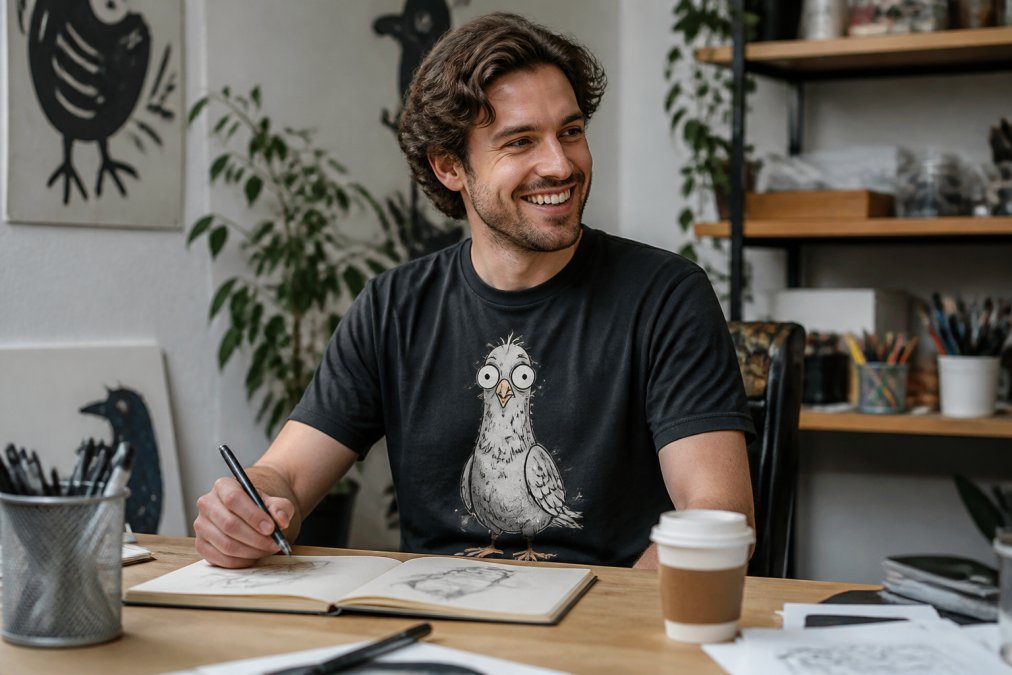 Creative professional wearing a humorous hand-drawn graphic t-shirt in a modern workspace, smiling while working at their desk with design tools and coffee nearby