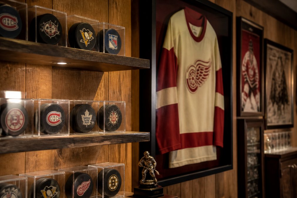 Professional illustration showing well-lit and shelf and displaying concepts for unique gift ideas for hockey fans
