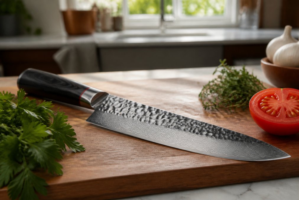 Close-up of a Damascus steel chef's knife with a hammered blade resting on a wooden cutting board, next to fresh herbs and a sliced tomato, in a bright home kitchen