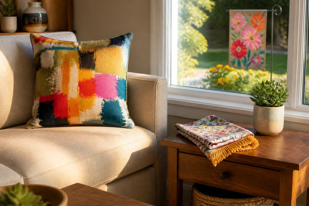 A bright living room corner with a multicolor abstract accent pillow on a neutral linen sofa, a folded patterned hand towel on a wooden side table, and a garden flag visible through a large window, styled in warm afternoon light