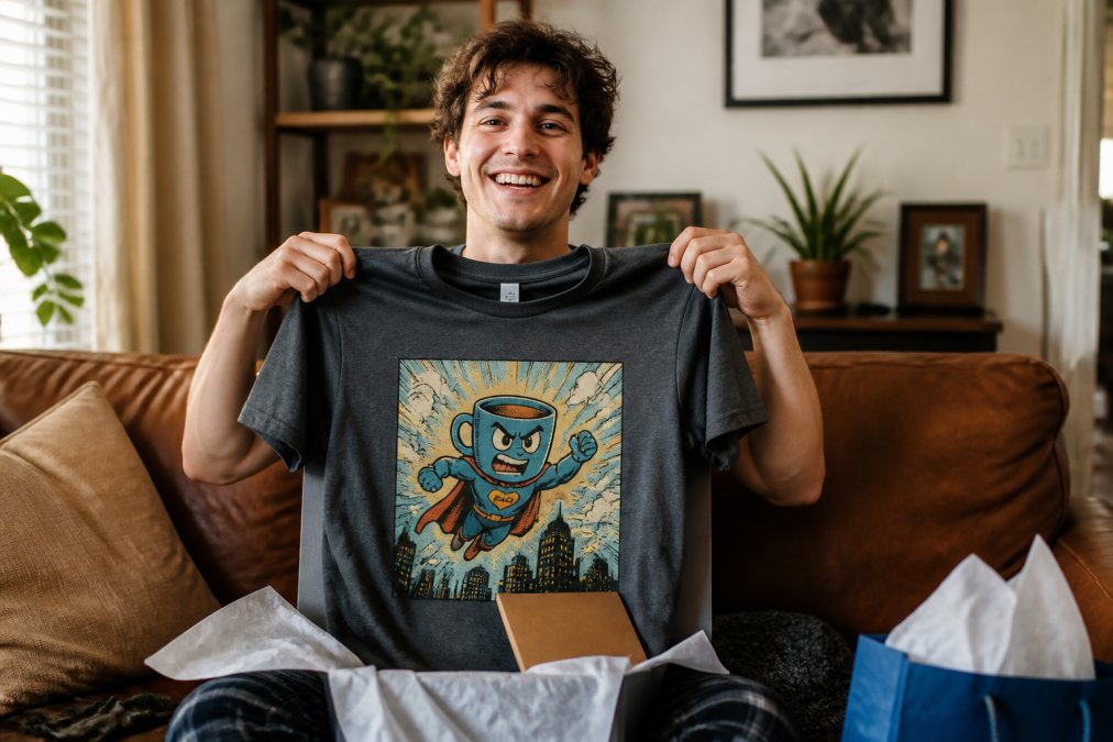 A smiling young adult holding up a funny graphic t-shirt with a retro comic design, standing in a cozy living room with warm natural light, casual and playful mood