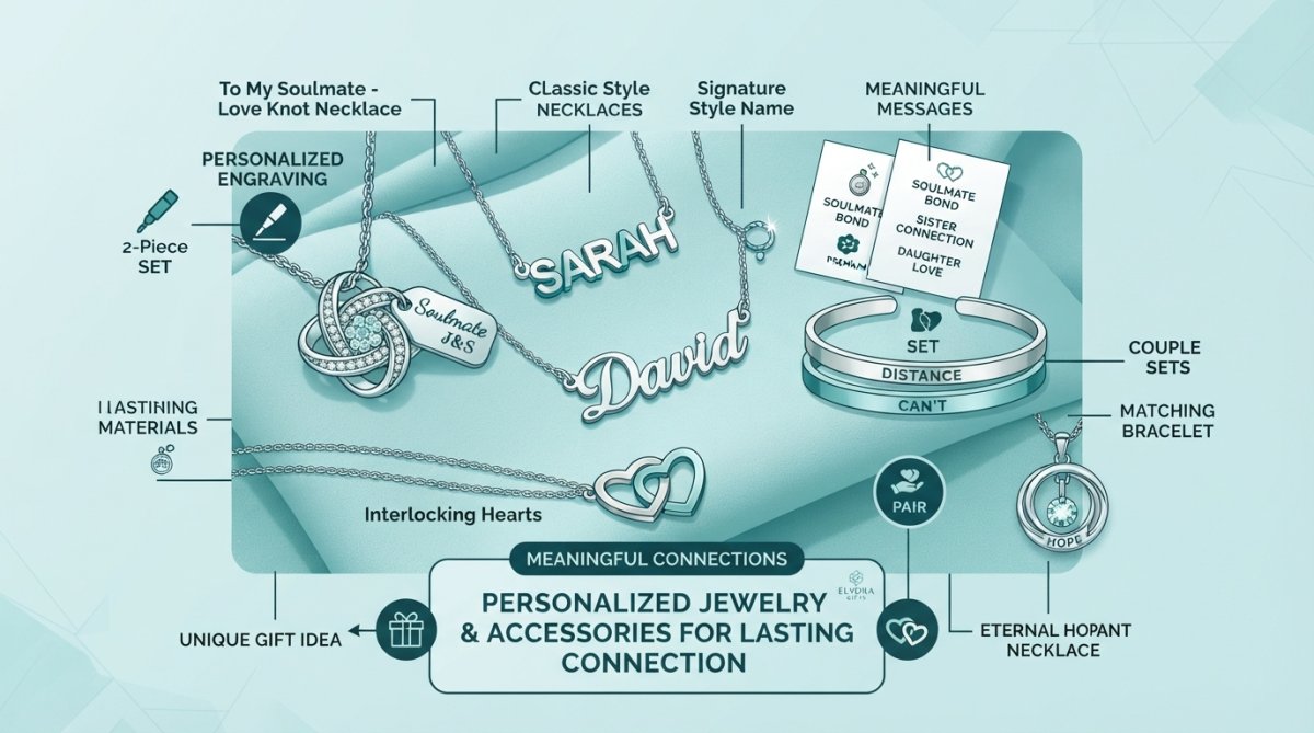 Close-up of elegant personalized necklaces and matching bracelets displayed on a soft velvet surface, showing intricate detail and craftsmanship with warm studio lighting