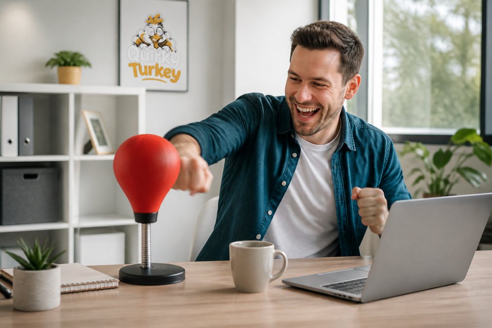 A man in his thirties laughing as he uses a small red desktop punch bag on his home office desk, with a laptop and coffee mug nearby in a bright, modern workspace