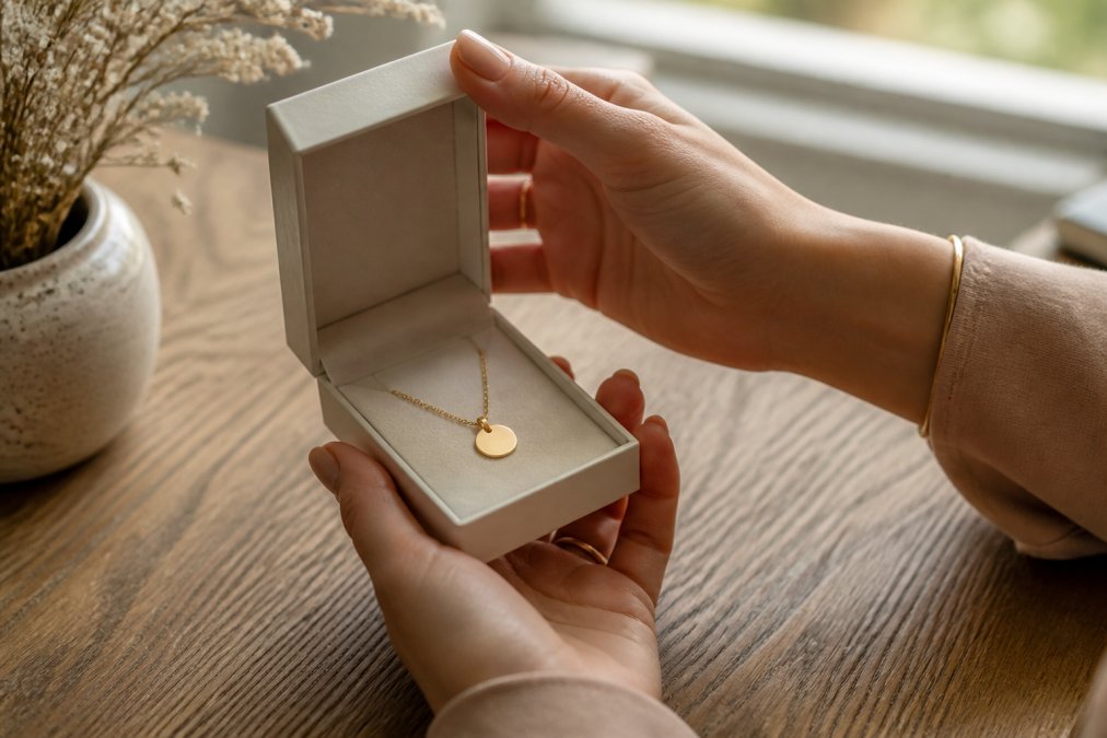 Close-up of hands holding a custom-engraved gold necklace in an open jewelry box on a wooden table, soft natural window light, warm and intimate mood