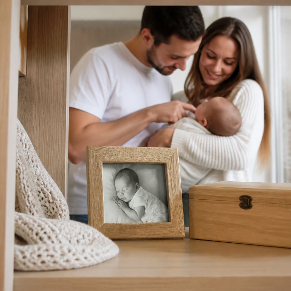 Personalised oak photo frame with a newborn photo, knitted blanket, and keepsake box among unique gift ideas for new parents