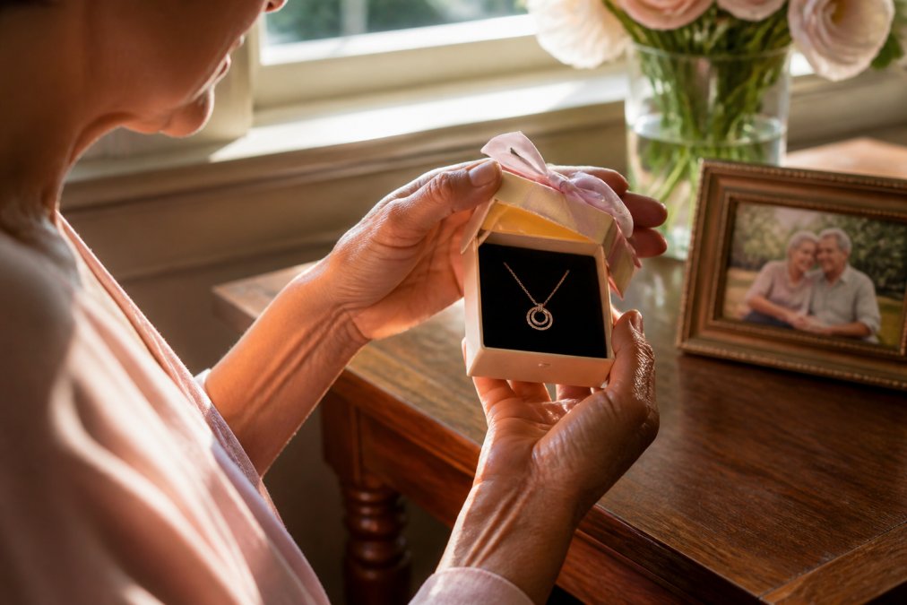 A close-up of a mother's hands gently opening a small jewelry gift box with a ribbon, warm afternoon sunlight streaming through a nearby window