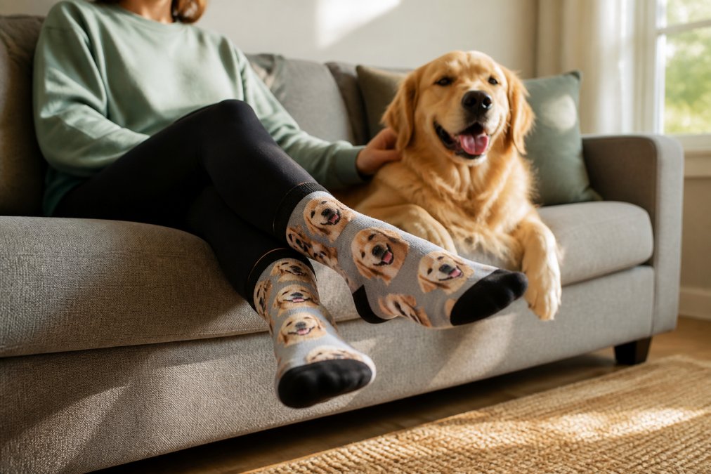 Pet owner wearing custom socks featuring their dog's face while sitting on a couch with their golden retriever beside them, natural afternoon light streaming through a window