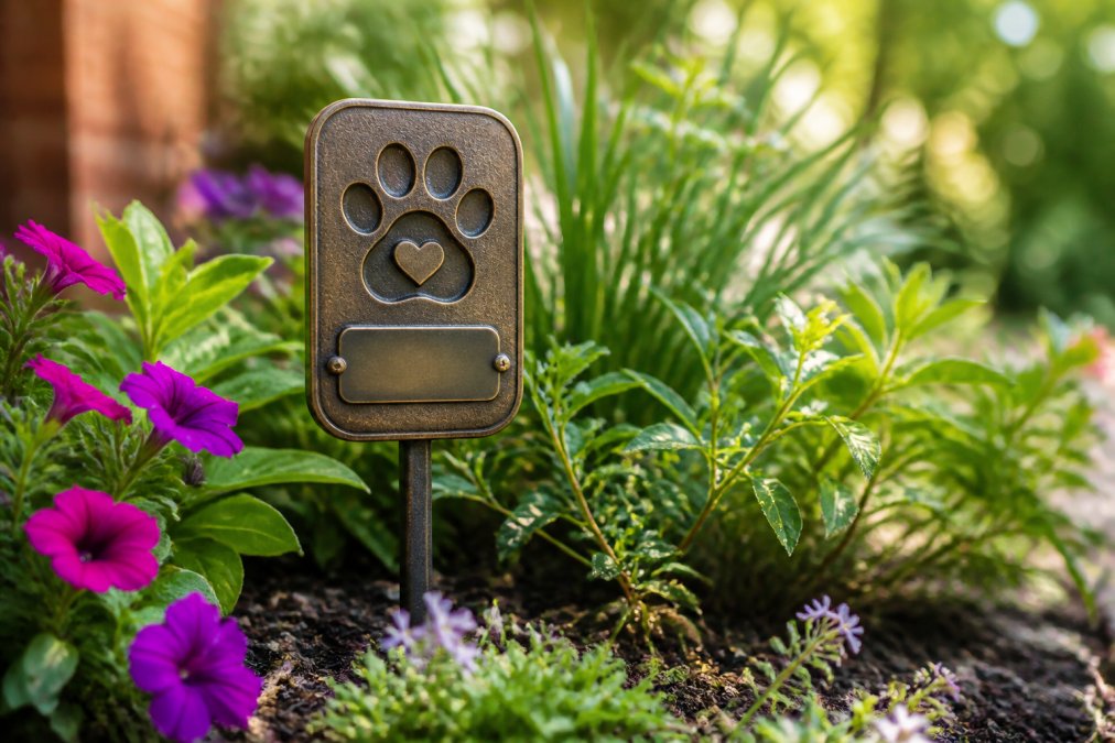 A personalized garden stake memorial with a pet's name engraved, standing among flowering plants and green foliage in a sunlit garden