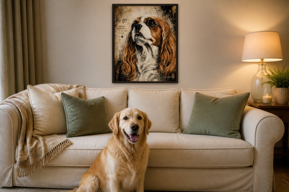 A framed personalised pet portrait print displayed on a living room wall above a cream sofa, with warm lamp lighting and a golden retriever sitting on the floor below