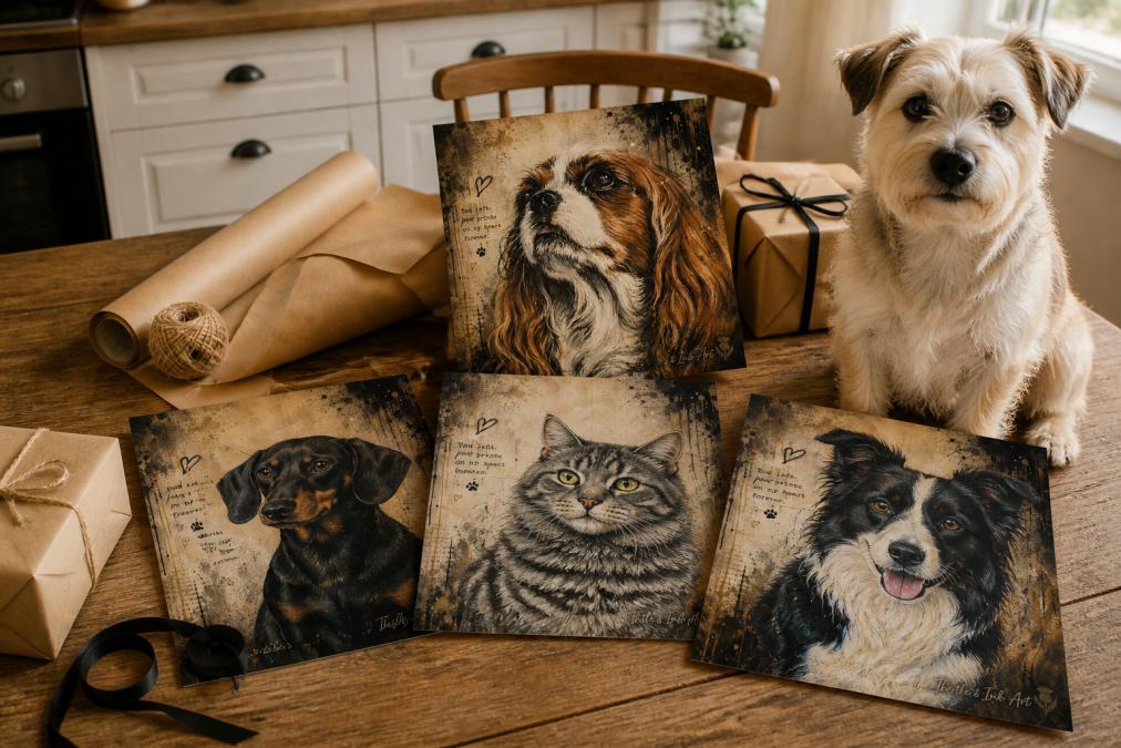 A cheerful flat lay of novelty pet-themed art prints spread across a wooden kitchen table alongside kraft paper gift wrapping, ribbon, and a small terrier dog sitting beside them, photographed in bright natural daylight