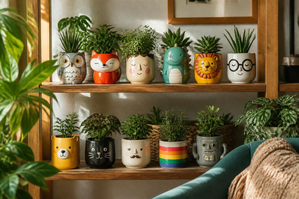 A bright, styled living room shelf with a collection of colourful quirky plant pots featuring character designs, surrounded by healthy houseplants and natural light