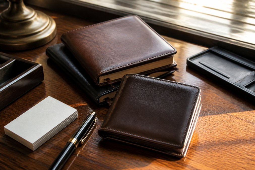 Close-up of genuine leather wallets and journals with custom engraving displayed on a polished wooden desk, alongside a fountain pen and business cards in natural morning light