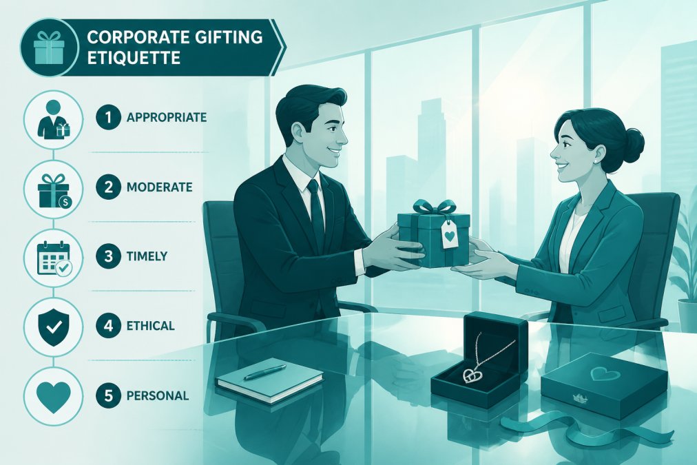 Business professional in dark suit presenting an elegant wrapped gift box to a colleague across a polished conference table in a modern office, both smiling, with afternoon sunlight through floor-to-ceiling windows