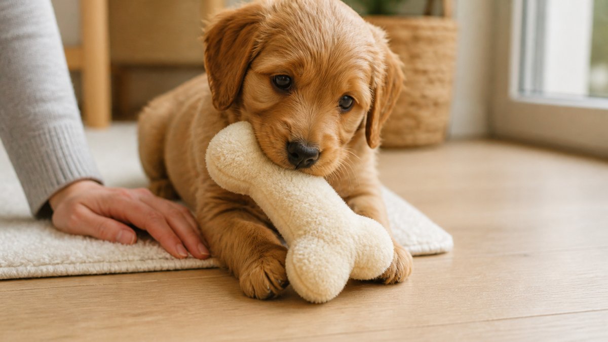 Small puppy chewing on a soft plush bone toy while sitting on a cozy wooden floor with a human hand nearby.