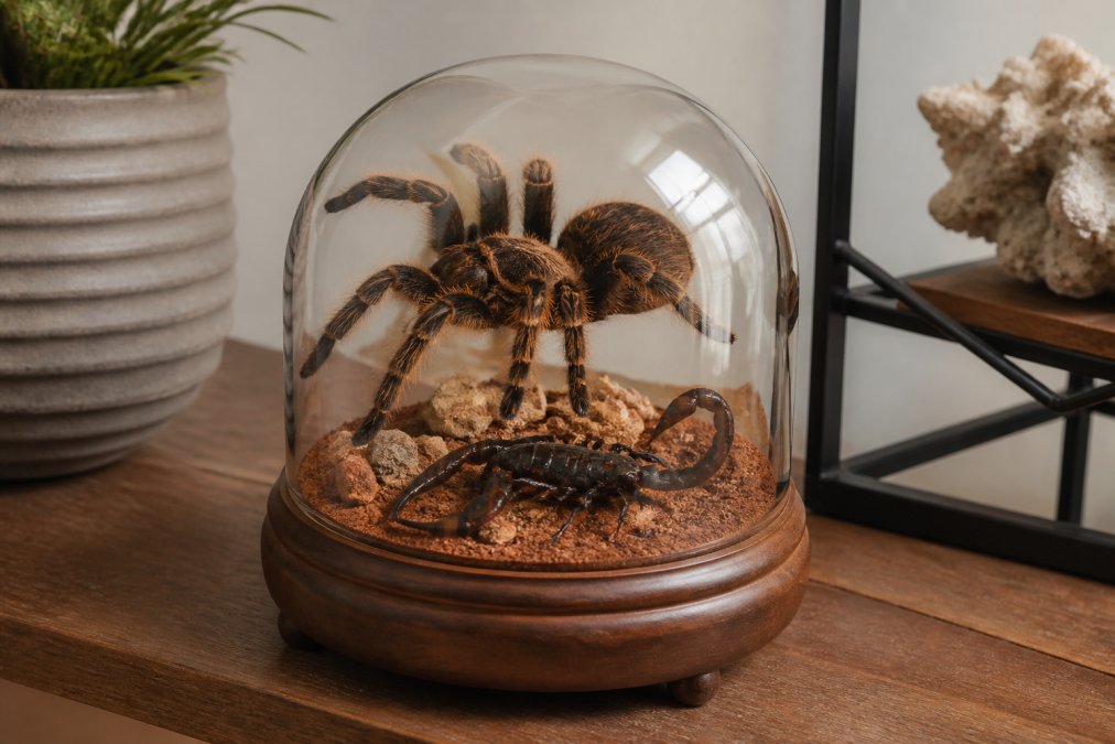 Close-up photograph of a tarantula and scorpion preserved in an acrylic dome on a wooden base, displayed on a modern shelf with soft natural lighting, showing intricate details of the specimens