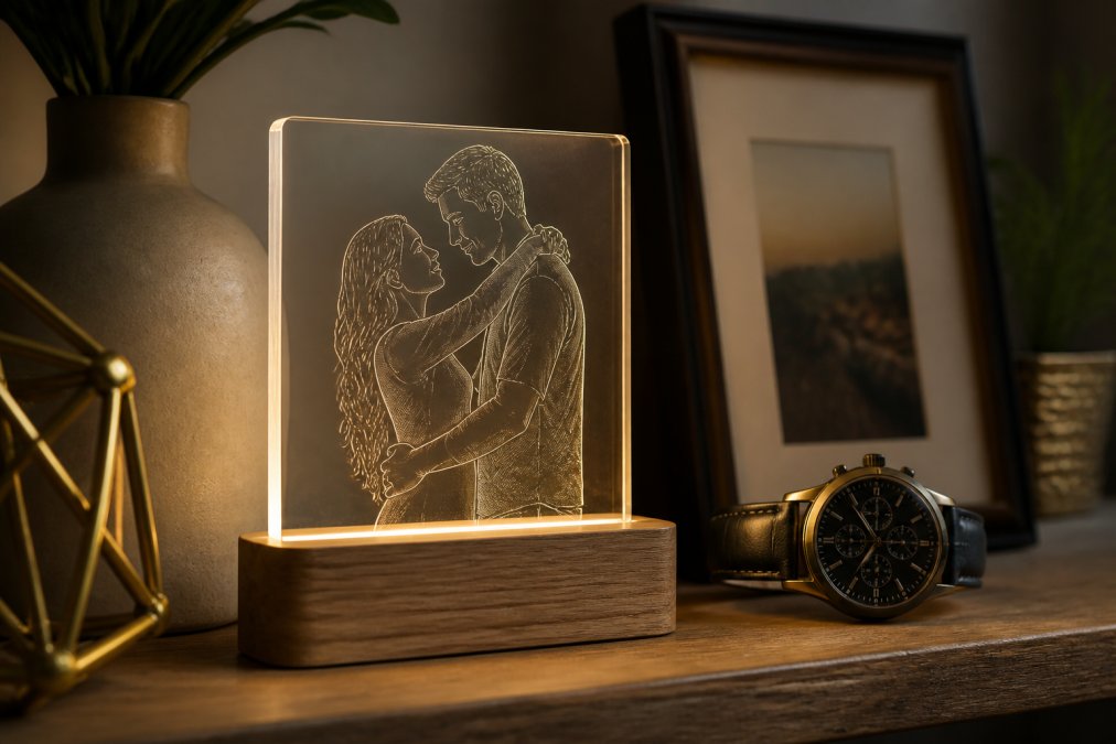 Close-up of an elegant LED acrylic plaque with custom engraving glowing softly on a wooden shelf, next to a luxury wristwatch and styled home décor in warm ambient light
