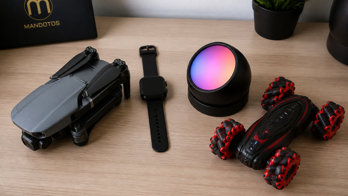 Flat lay arrangement of curated tech gadgets including a folding drone, smartwatch, gaming light, and stunt car on a modern desk with neutral background and natural lighting
