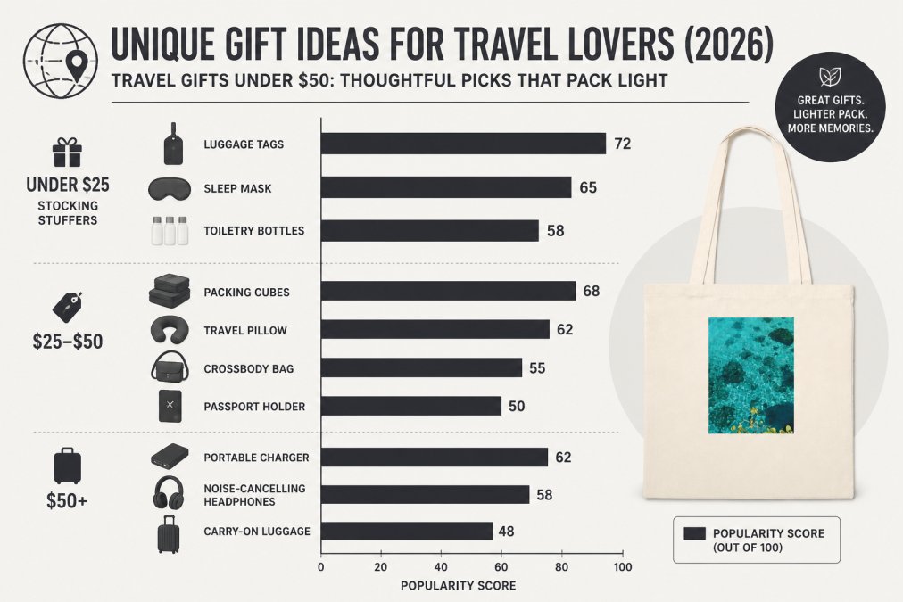Horizontal bar chart showing gift category popularity by budget tier: Under $25 (stocking stuffers: luggage tags, sleep mask, toiletry bottles), $25-$50 (packing cubes, travel pillow, crossbody bag, passport holder), $50+ (portable charger, noise-cancelling headphones, carry-on luggage)