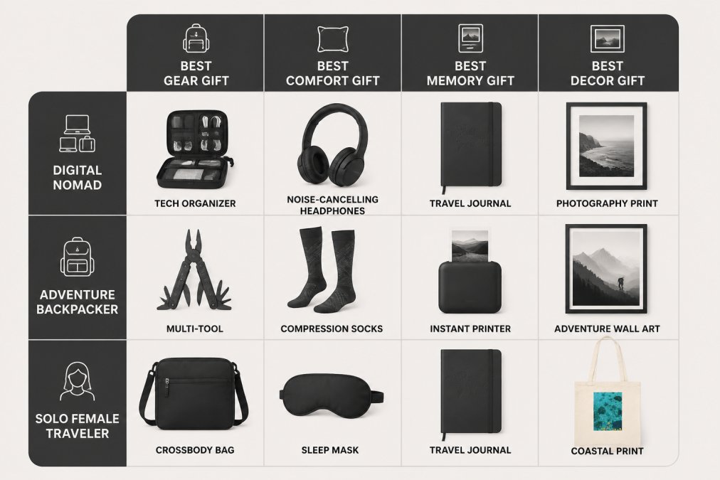 3x4 gift-matching matrix with rows: Digital Nomad, Adventure Backpacker, Solo Female Traveler; columns: Best Gear Gift, Best Comfort Gift, Best Memory Gift, Best Decor Gift; cells include: tech organizer, noise-cancelling headphones, travel journal, photography print; multi-tool, compression socks, instant printer, adventure wall art; crossbody bag, sleep mask, travel journal, coastal print