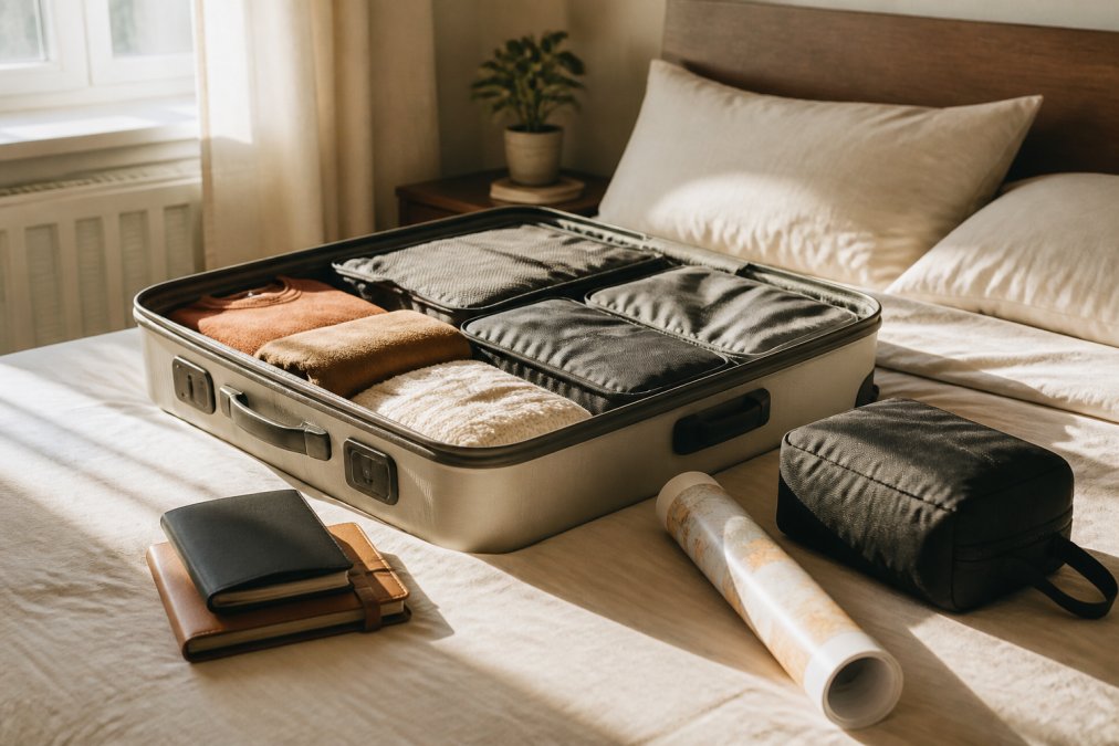 A neatly packed open suitcase on a bed with travel accessories arranged beside it, a passport holder, packing cubes, a travel journal, and a rolled poster tube, photographed in warm natural light from a bedside window