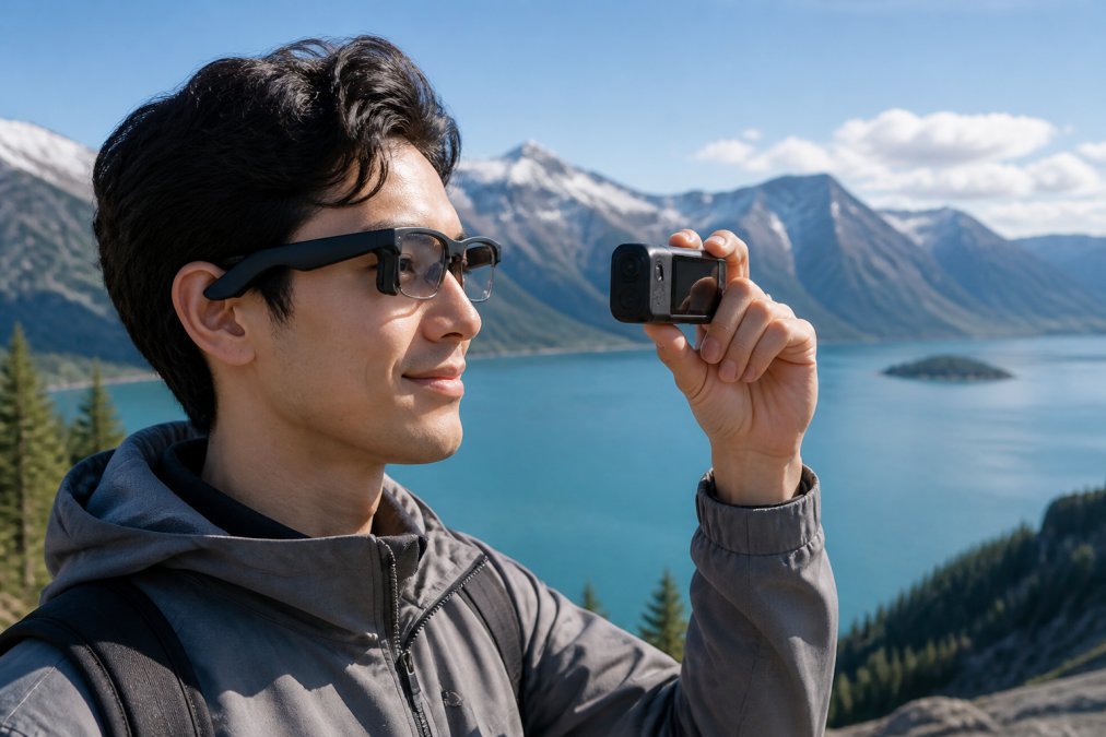 Person wearing AI camera smart glasses outdoors on a sunny day, capturing a scenic landscape with the device's transparent lens visible and a slight smile on their face