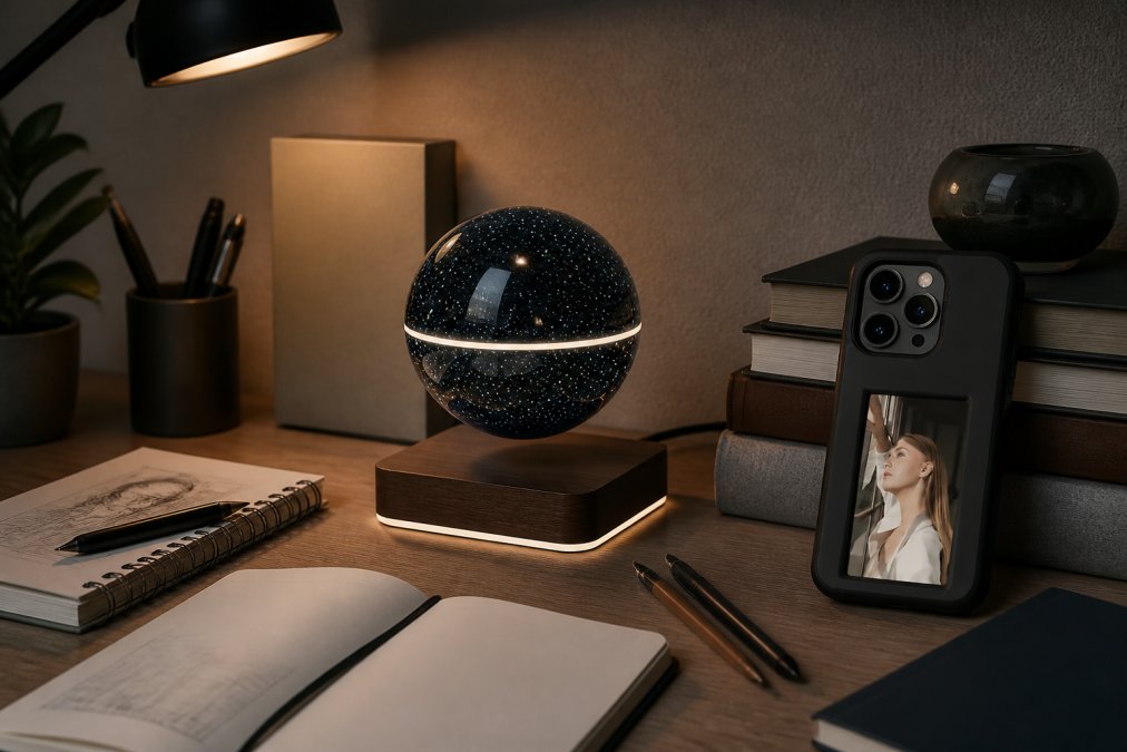 Modern minimalist desk workspace with a magnetic levitating starry sky ornament glowing softly in the center, surrounded by sketchbooks, quality pens, and warm ambient lighting from a desk lamp