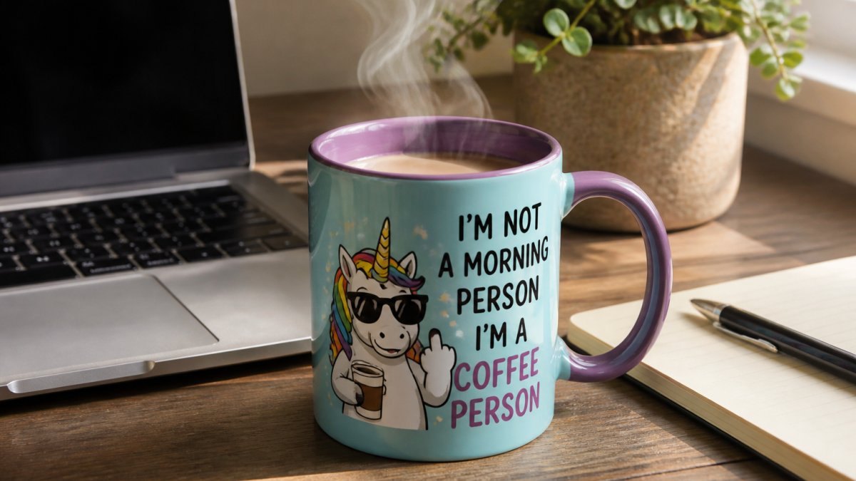 A colorful ceramic mug with a witty quote sits on a wooden desk as a unique gift idea for witty friends.