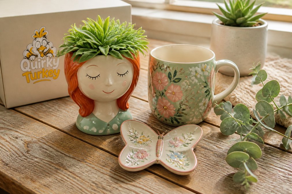 A styled flat lay on a rustic wooden table showing a red-haired character vase, a pastel floral mug and a butterfly trinket dish, arranged with a small succulent and a sprig of eucalyptus in soft window light