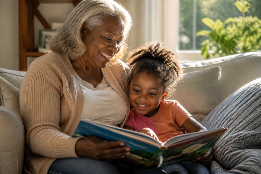 Grandmother and young grandchild sitting together on a cozy living room couch reading a colorful picture book, both smiling and engaged with warm natural sunlight streaming through the window